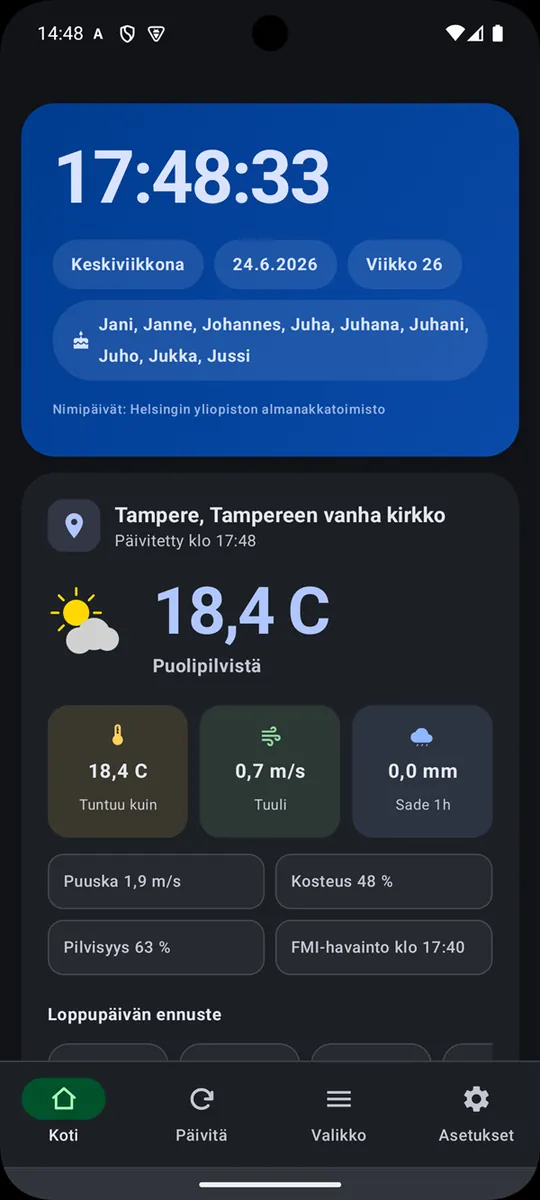 Arkikeskus home screen with clock and weather